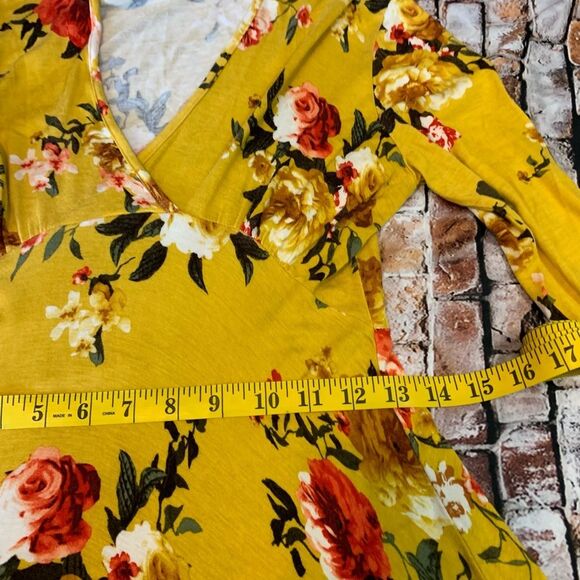 Magic Fit Yellow Floral Dress Long Sleeve Mustard V Neck Soft Size M - Picture 8 of 11